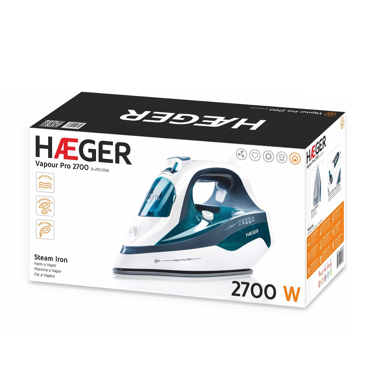 Plancha De Vapor Haeger Vapour Pro 2700w Regulador Vapor 75g Vapor Vertical Deposito Agua 400ml Suela Cerámica Anti-Cal Anti-Goteo