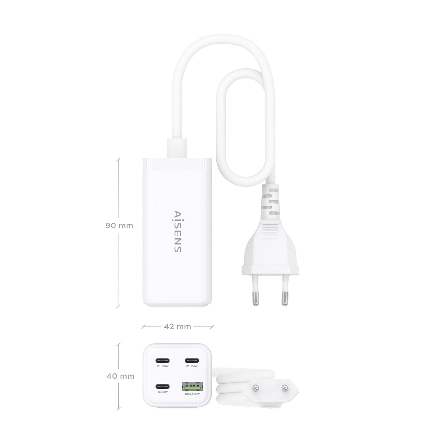Aisens Cargador Sobremesa Gan 100w, 3xusb-C Pd3.0 Qc4.0 Qc5.0, 1xusb-A Qc3.0, Blanco