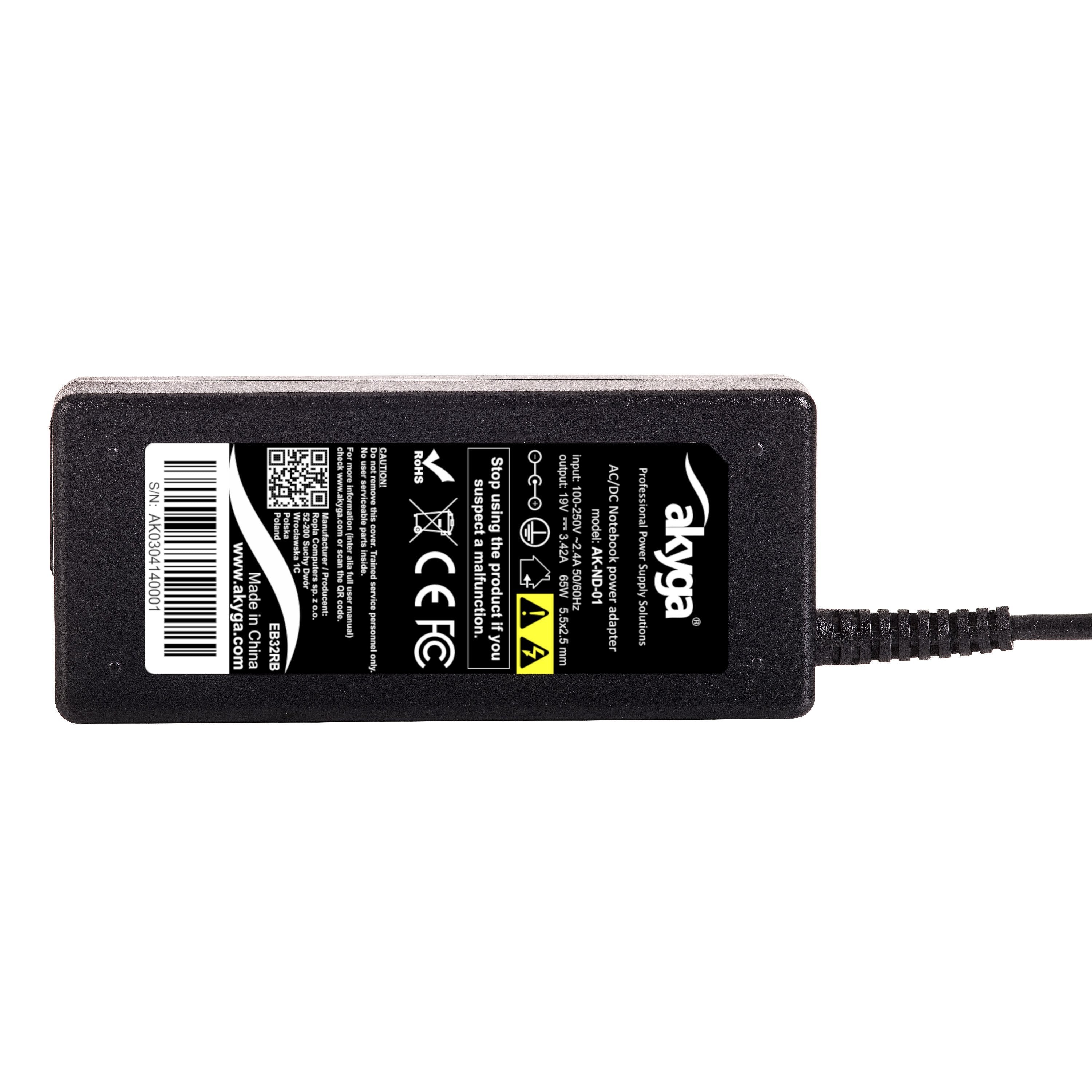 Akyga Cargador Para Portatil Ak-Nd-01 19v/3.42a 65w 5.5x2.5 Mm Asus/Toshiba/Leno