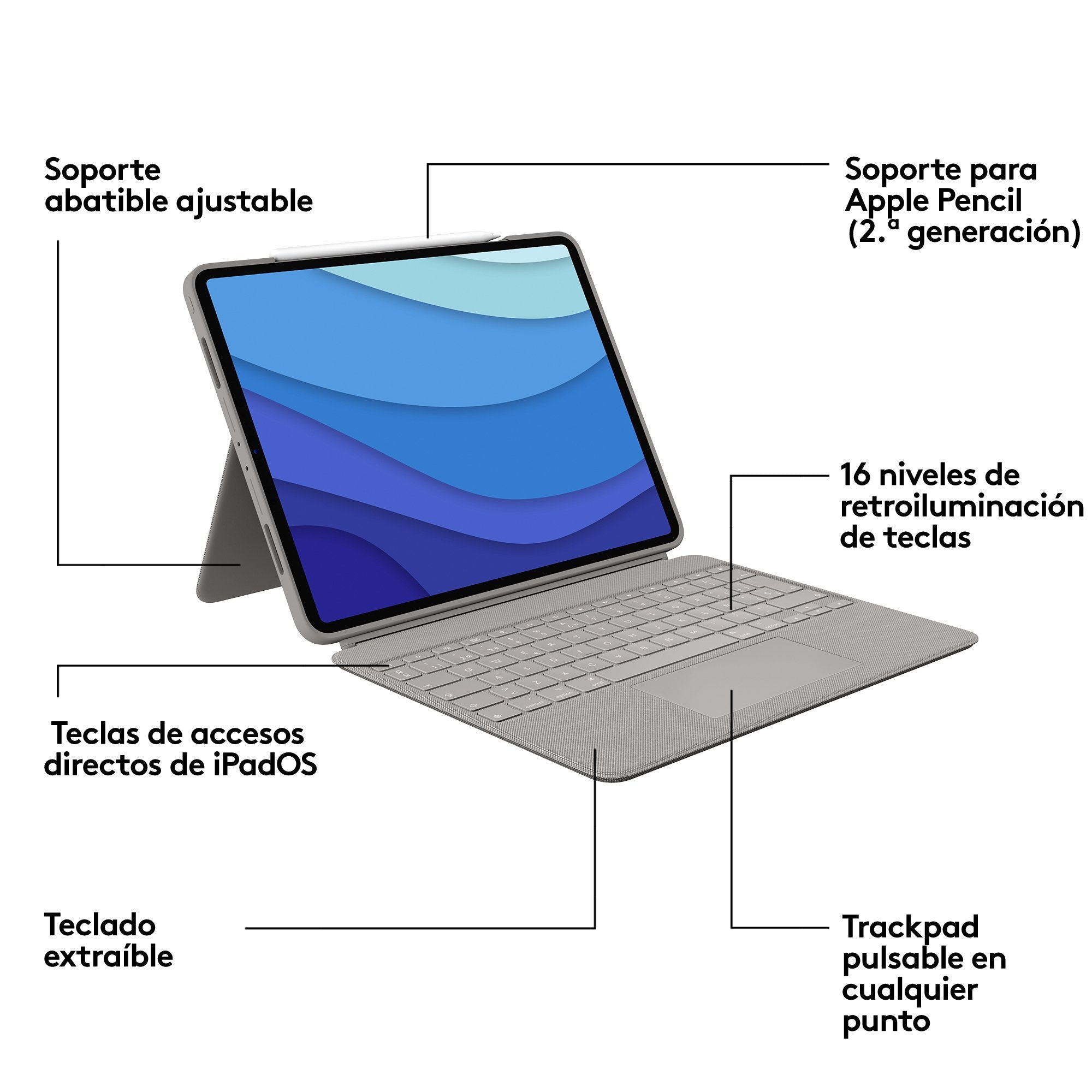 Funda + Teclado Español Logitech Combo Touch Sand Para Ipad Pro 12.9" (5 Gen)