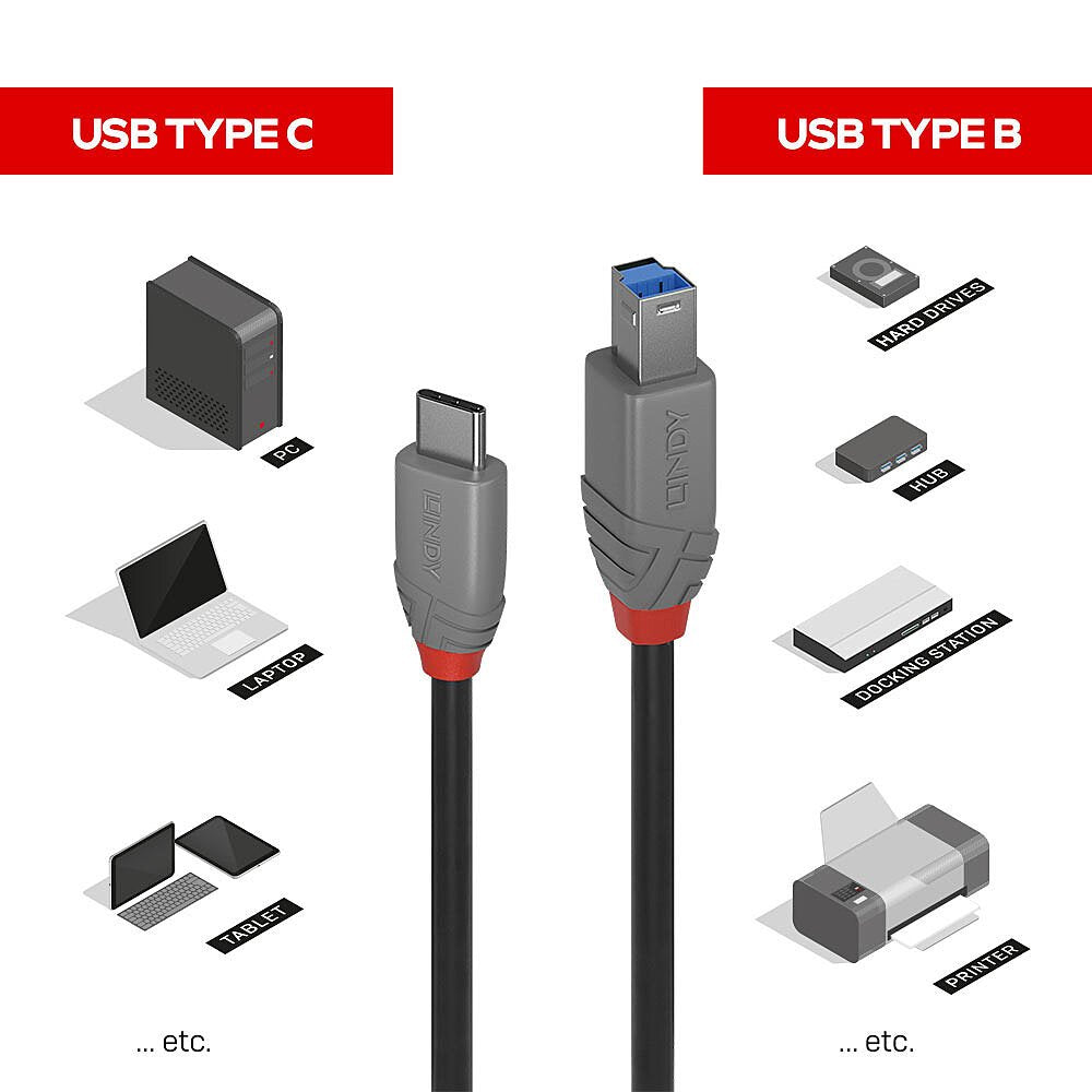 Cable Lindy 36665 Usb Usb 3.2 Gen 1 (3.1 Gen 1) 0,5 M Usb C Usb B Negro