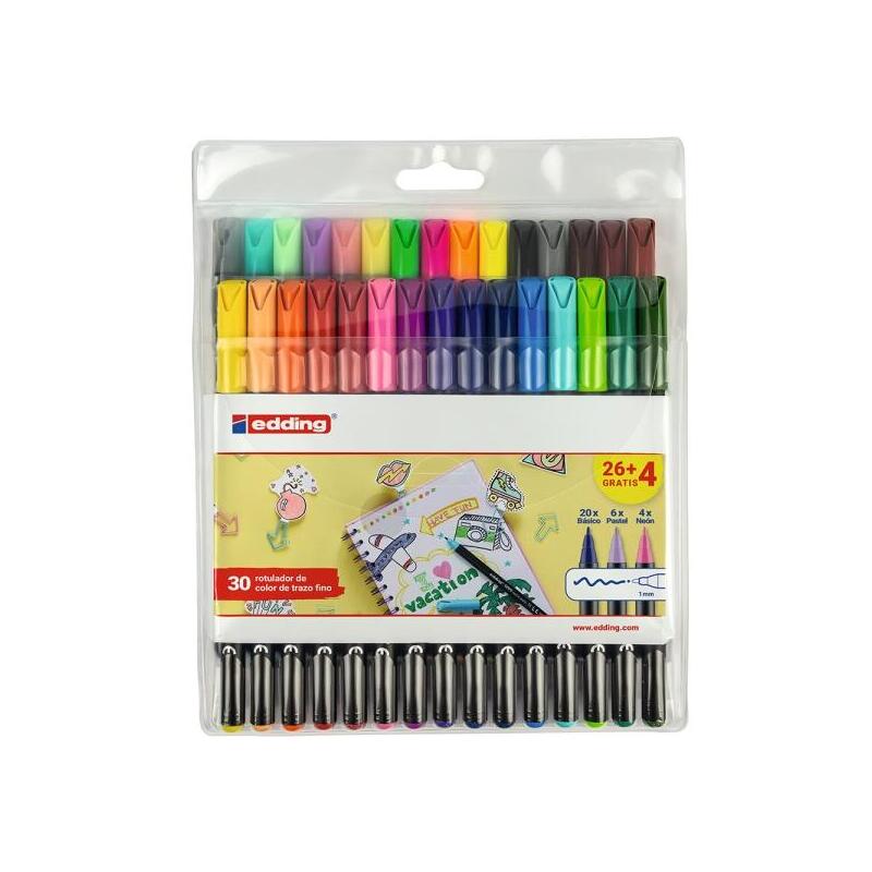 Edding 1200 Pack De 30 Rotuladores - Punta Redonda - Tinta Con Base De Agua - Colores Clasicos, Neon Y Pastel Surtidos