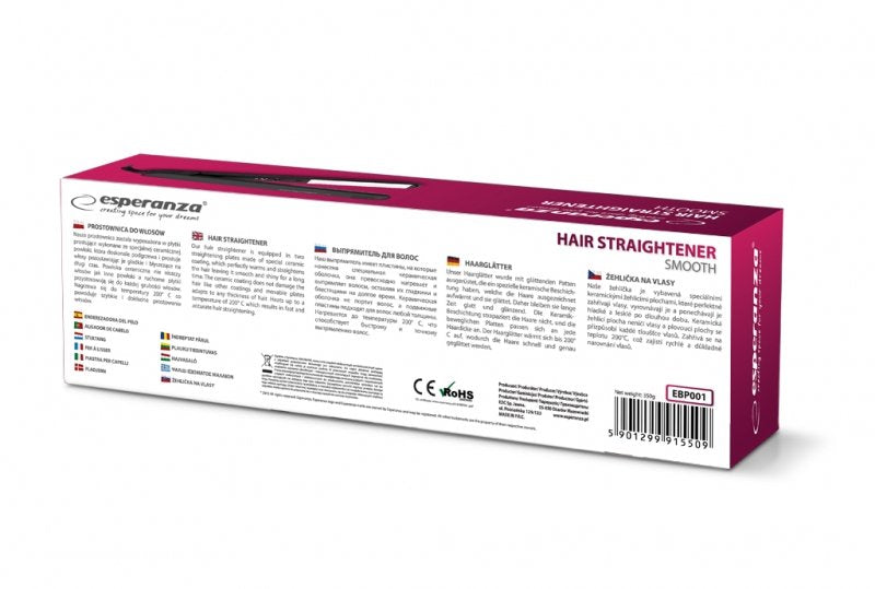 EAN 5901299915509 - Esperanza EBP001 Utensilio de peinado Plancha de pelo Caliente Negro, Blanco 35 W imagen 3