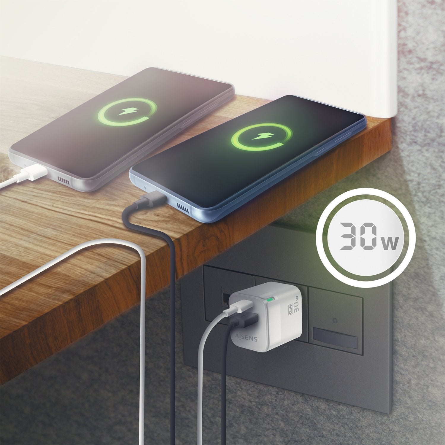 Aisens Cargador Gan 30w - 1xusb-C Pd3.0 Qc4.0 - 1xusb-A Qc3.0 Blanco