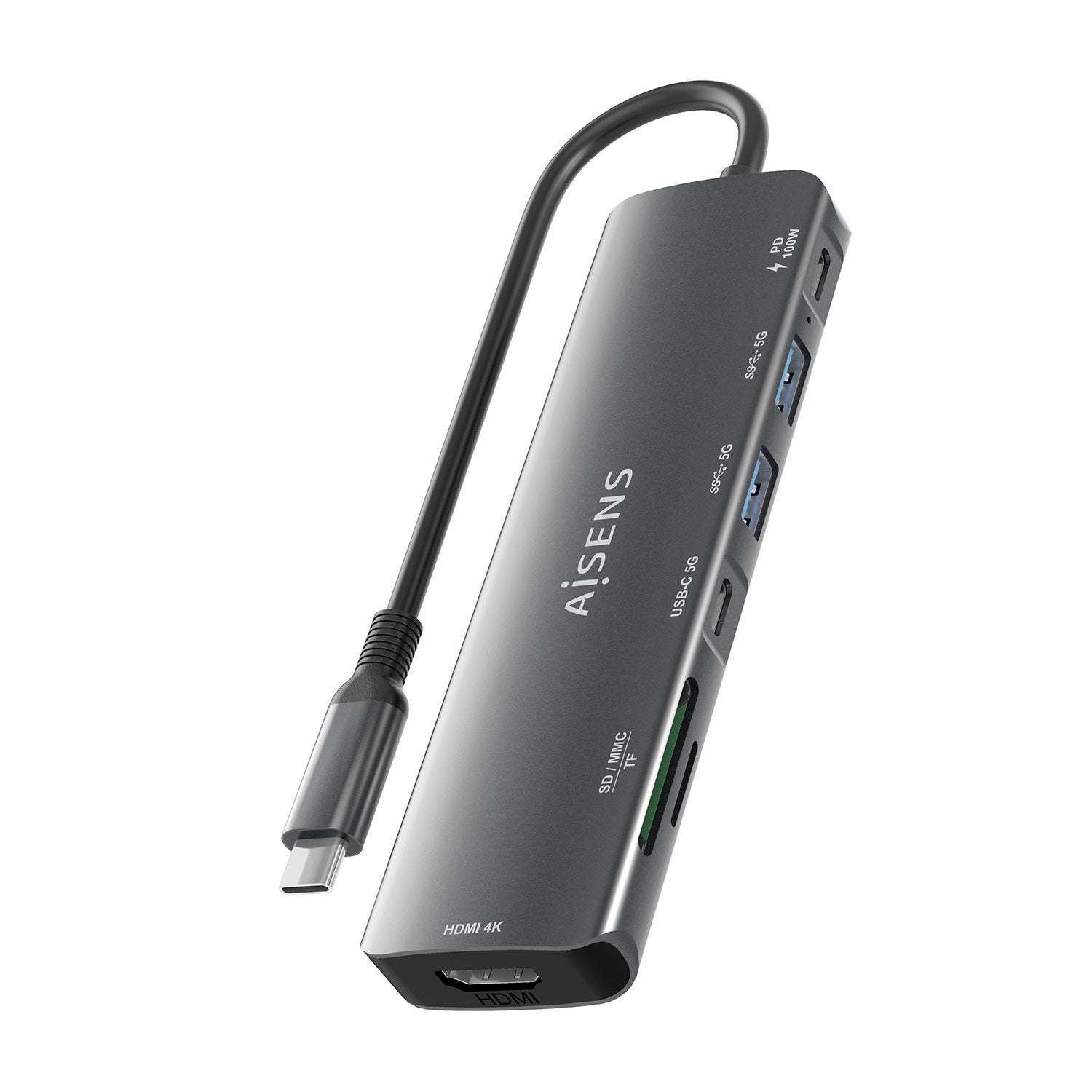 Aisens Usb-C Dock 7 En 1, Usb-C A 1xhdmi, 2xusb-A, 1xusb-C, 1xusb-C Pd 100w, 1xsd, 1xmicro Sd, Gris, 15cm