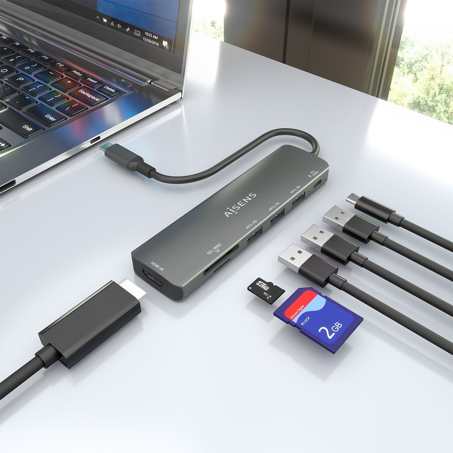 Aisens Usb-C Dock 7 En 1, Usb-C A 1xhdmi, 3xusb-A, 1xusb-C Pd 100w, 1xsd, 1xmicro Sd, Gris, 15cm