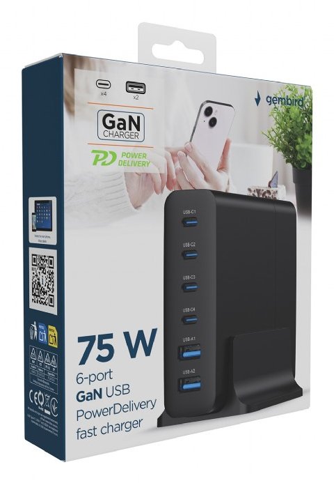 Cargador Rapido Gembird Usb Gan De 6 Puertos 75 W Negro