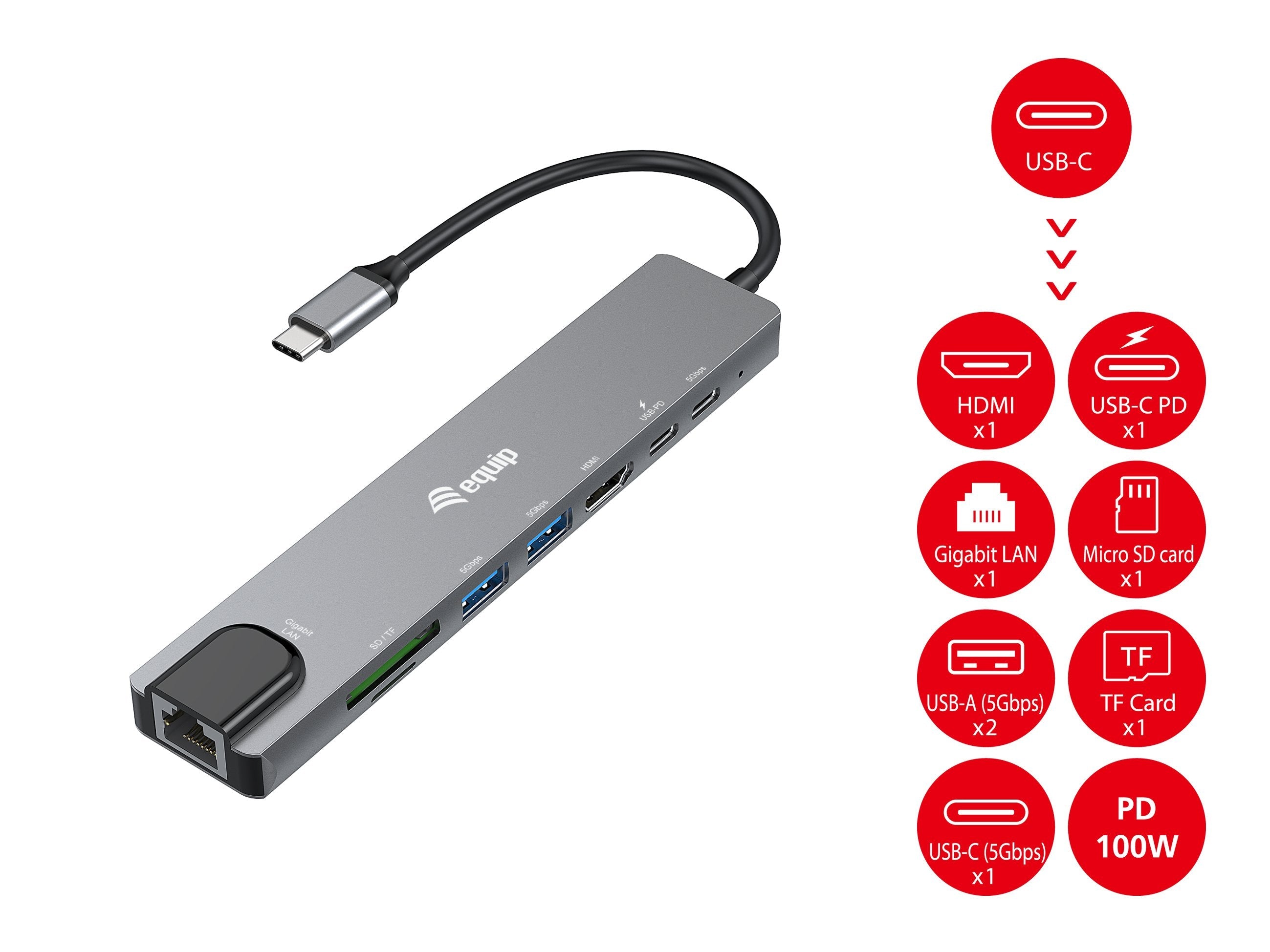 Equip Adaptador Usb-C - Hdmi,Gbe,3xusb3.2 Gen1,Sd Tf,Pd 100w