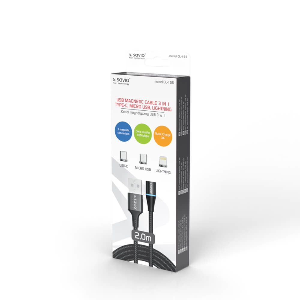 EAN 5901986046738 - Savio CL-155 cable USB USB 2.0 2 m USB A USB C/Micro-USB B/Lightning Negro imagen 2