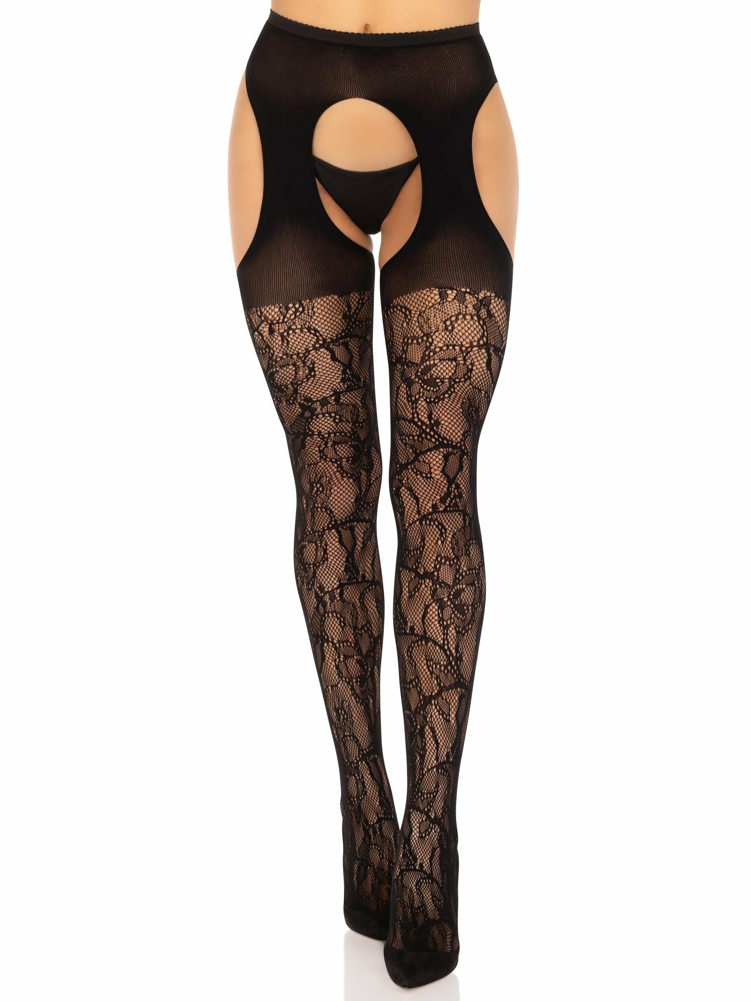 Leg Avenue - Medias De Liguero Encaje Negro