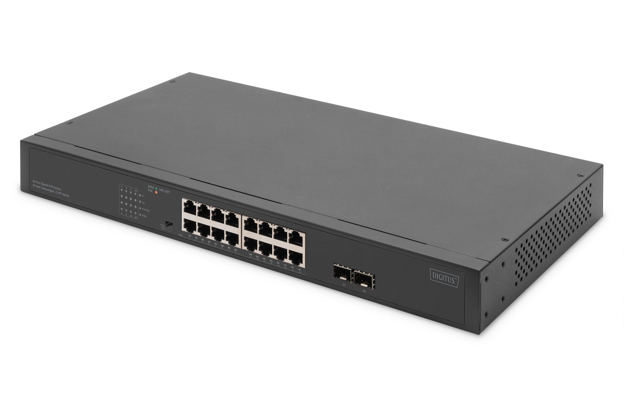 Digitus Switch 16-Port Gigabit Netzwerkswitch, 19 Zoll, Unmanaged, 2 Uplink Ports, Sfp