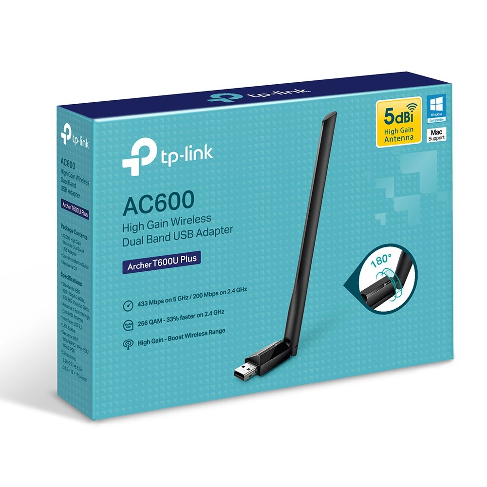 Usb Wifi Dualband Tp-Link Archer T600u Plus Ac600 200mb En 2,4ghz Y 433mb En 5ghz Usb2.0 Con Antena De Alta Ganancia 5dbi