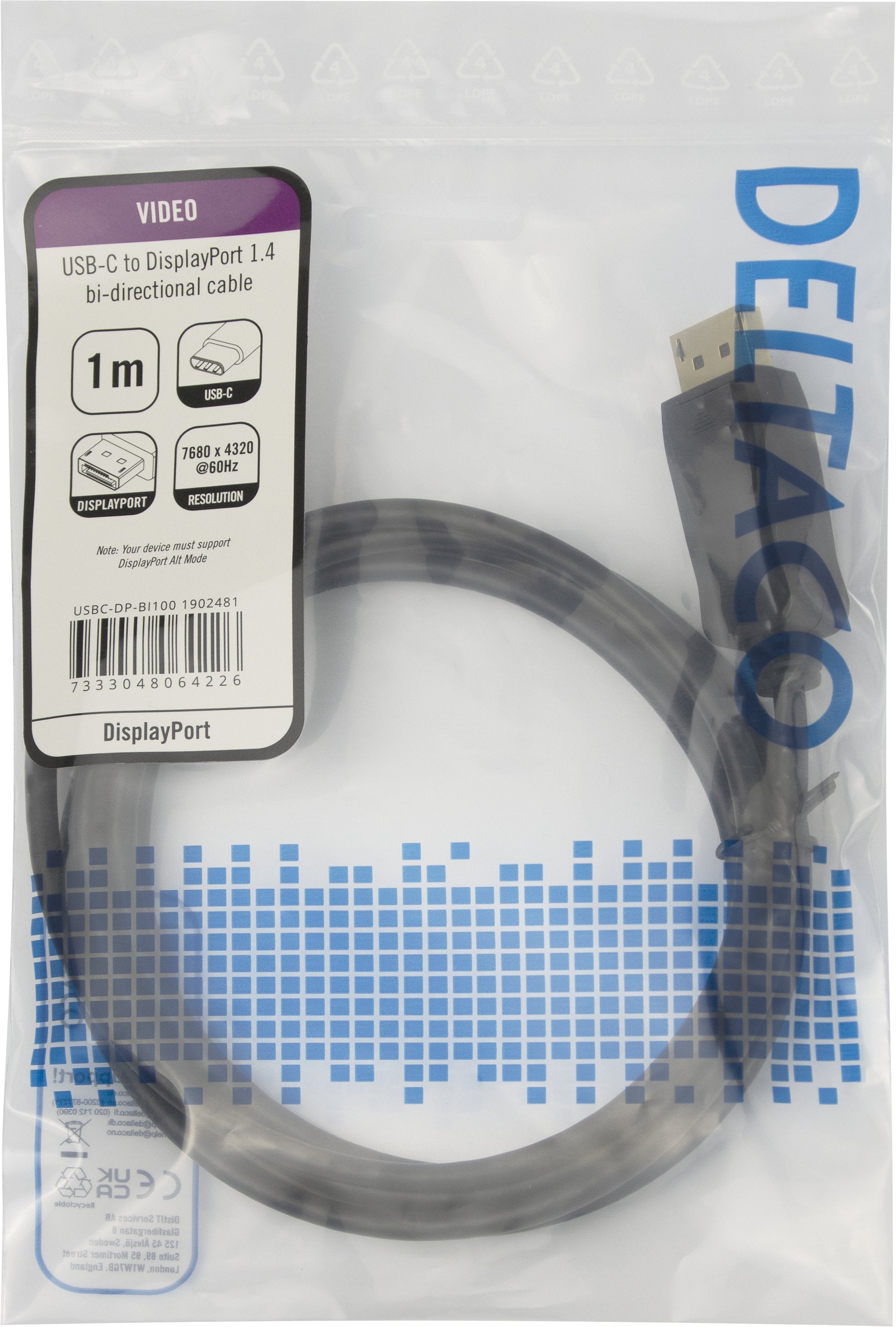 EAN 7333048064226 - Deltaco USBC-DP-BI100 cable DisplayPort 1 m USB Tipo C Negro imagen 3
