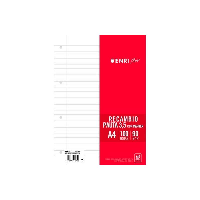 Enri Recambio Plus 100h A4 90gr Pauta 3,5 C/Margen 4 Taladros Blanco