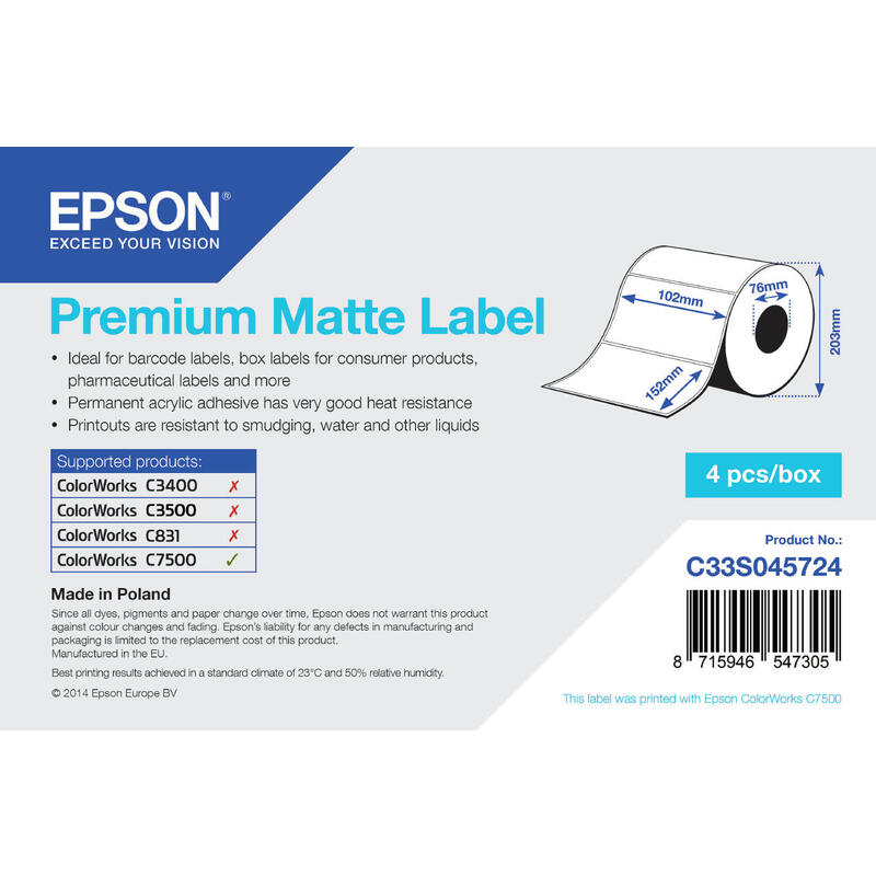 Epson Premium Matte Label - Die-Cut Roll: 102mm X 152mm, 800 Labels