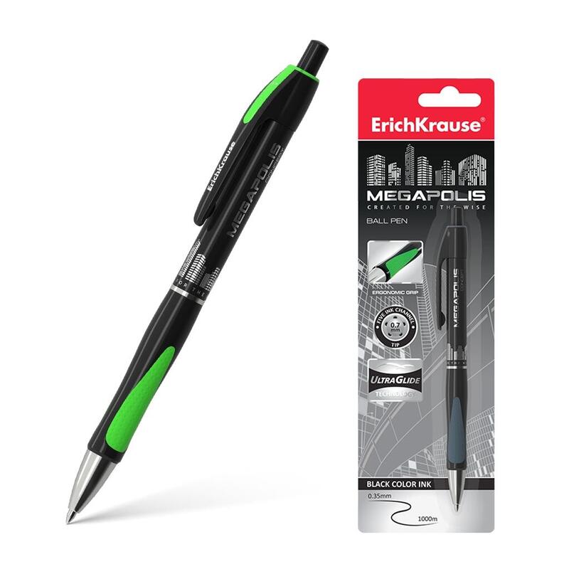 Erichkrause Boligrafo Automatico Megapolis Concept - Cuerpo Satinado Redondo - Zona De Agarre Ergonomica - Punta De 5 Canales - Tinta De Secado Rapido - Negro