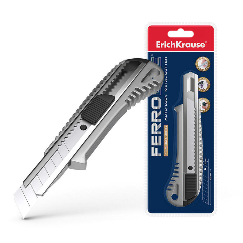 Erichkrause Cuter Metalico Con Fijador Automatico - Sistema De Retencion De Cuchilla De Autobloqueo - Partidor Incorporado - Color Plateado