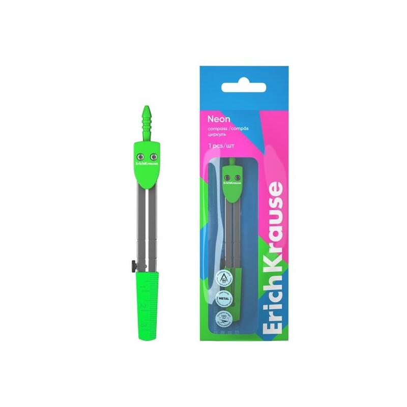 Erichkrause Neon Compas Escolar - Cuerpo Metalico - 120mm De Longitud - Radio Maximo De 180mm - Bolsa De Polietileno -