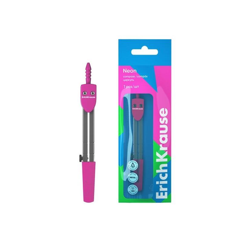 Erichkrause Neon Compas Escolar - Cuerpo Metalico - 120mm De Longitud - Radio Maximo De 180mm - Bolsa De Polietileno -