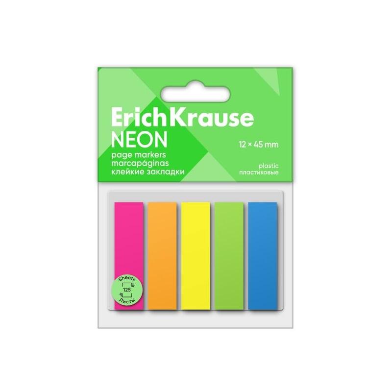 Erichkrause Pack De 5 Blocs De 25 Marcadores De Pagina De Plastico 12x45mm - Colores Amarillo, Azul, Naranja, Verde Y