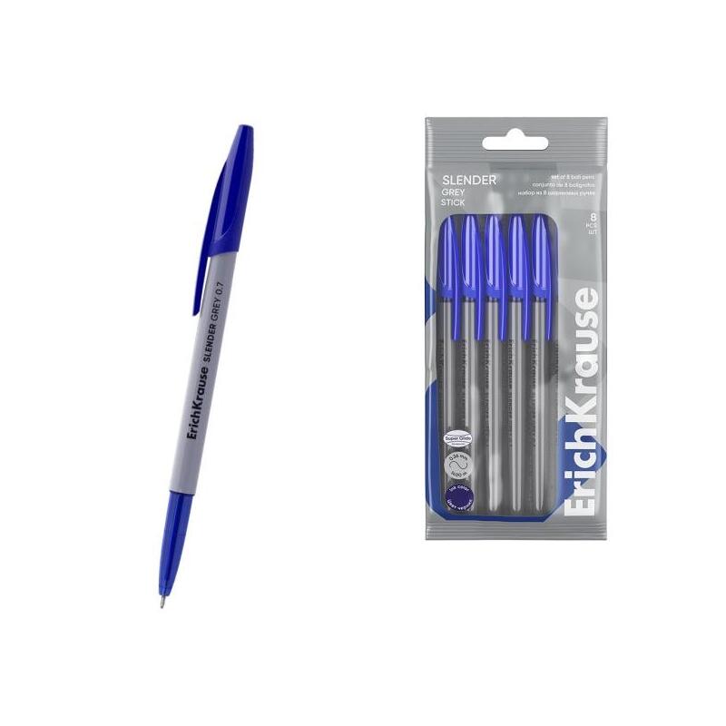 Erichkrause Slender Stick Grey Pack De 8 Boligrafos Con Capuchon - Punta De Aguja 0.7mm - Cuerpo Opaco Gris - Trazo