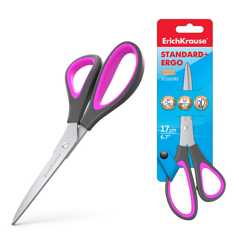 Erichkrause Tijeras Standard+ Ergo - Cuchillas De Acero Inoxidable - Afilado Doble Avanzado - Resistente A La Corrosion - Mangos Ergonomicos - Color Variado