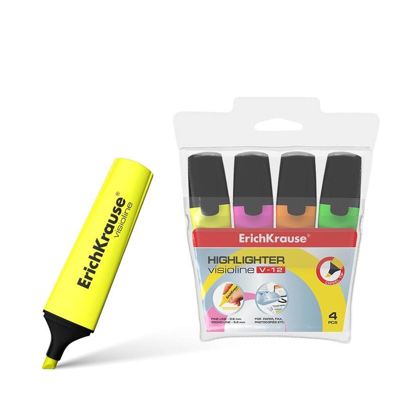 Erichkrause Visioline V-12 Pack De 4 Marcadores - Punta Biselada - Colores: Naranja, Rosa, Verde, Amarillo - Color Del Producto: Coincide Con El De La Tinta