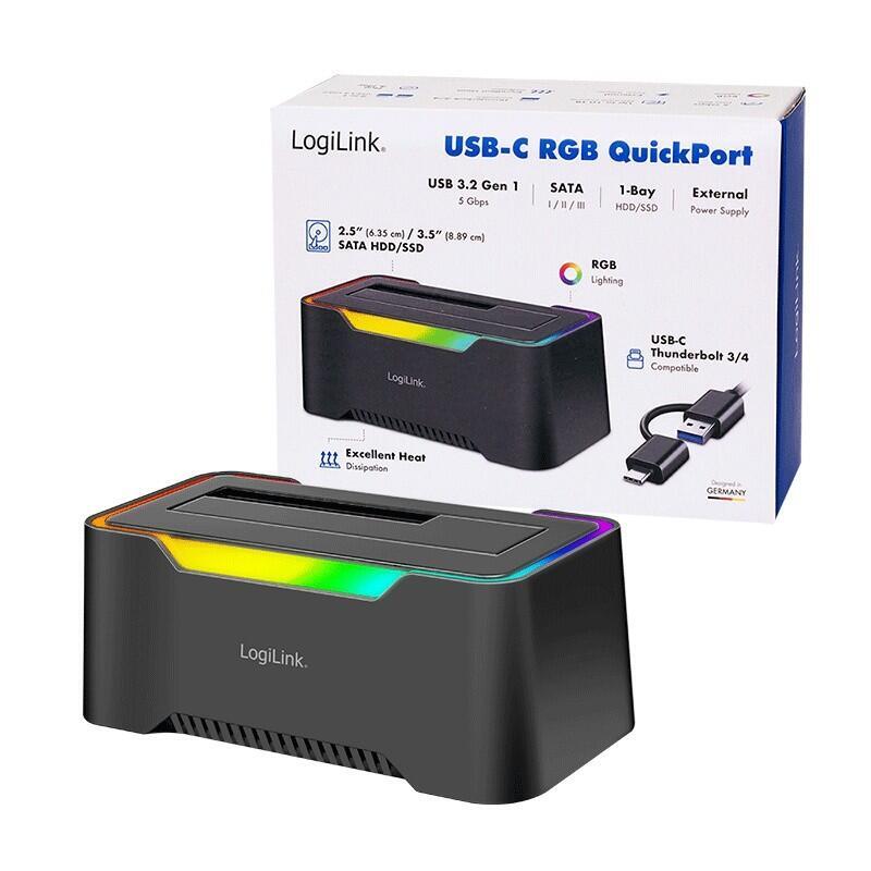 Estación De Acoplamiento, 1 Puerto, Usb-C 3.2 Gen 1, Hdd/Ssd Sata De 2,5" Y 3,5", Iluminación Rgb, Negra