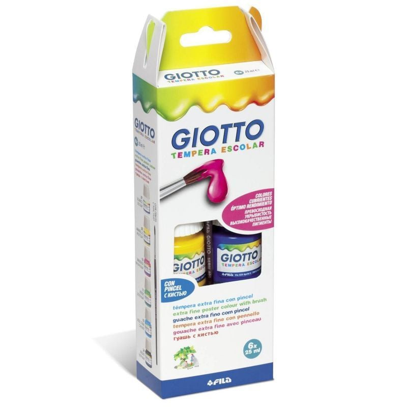 Estuche 6 Uds De Temperas De Alta Calidad Giotto En Practicos Botes Con Tapon De Rosca De 25 Ml, Olor Neutro, Lavables De La Piel Con Agua Y Jabon
