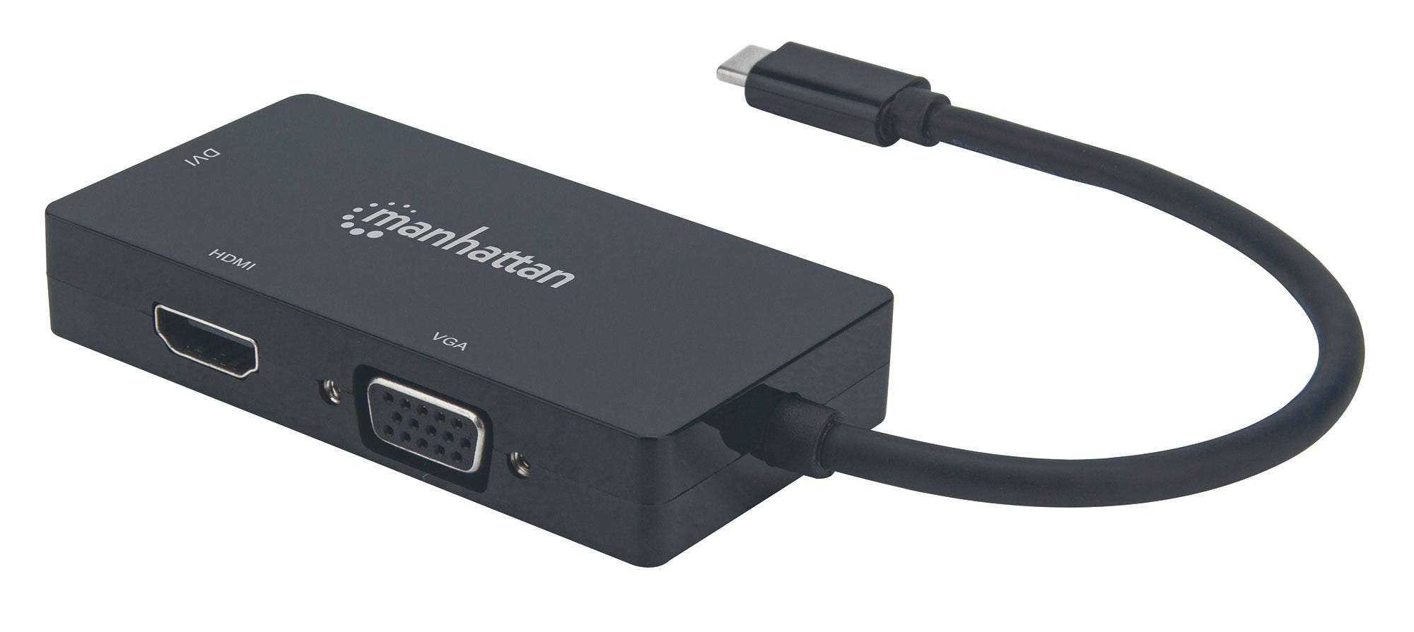 Manhattan Convertidor Usb-C A Multipuertos De A/V 3 En 1 Usb-C Macho A Conectores Hembra Dvi, Hdmi O Vga. Resoluciones: Hdmi A 4k@30hz, Vga Y Dvi A 1080p, Negro