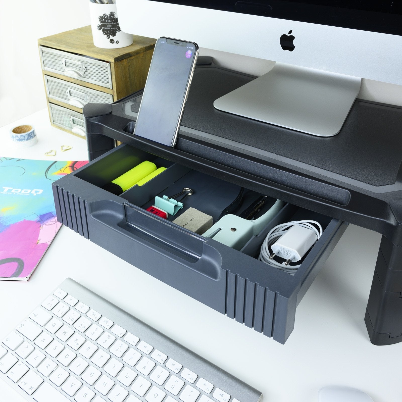 Tooq Soporte Elevador Con Cajon Para Monitor O Portatil - Regulable En Altura - Peso Max 10kg - Negro