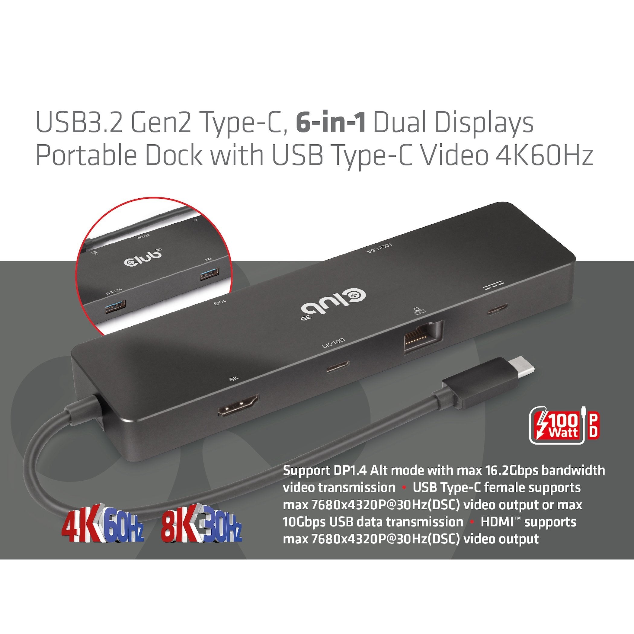 Club3d Usb-C Dock > Hdmi Usb-C 8k 2xusb Usb-C Pd100w Rj45 Retail