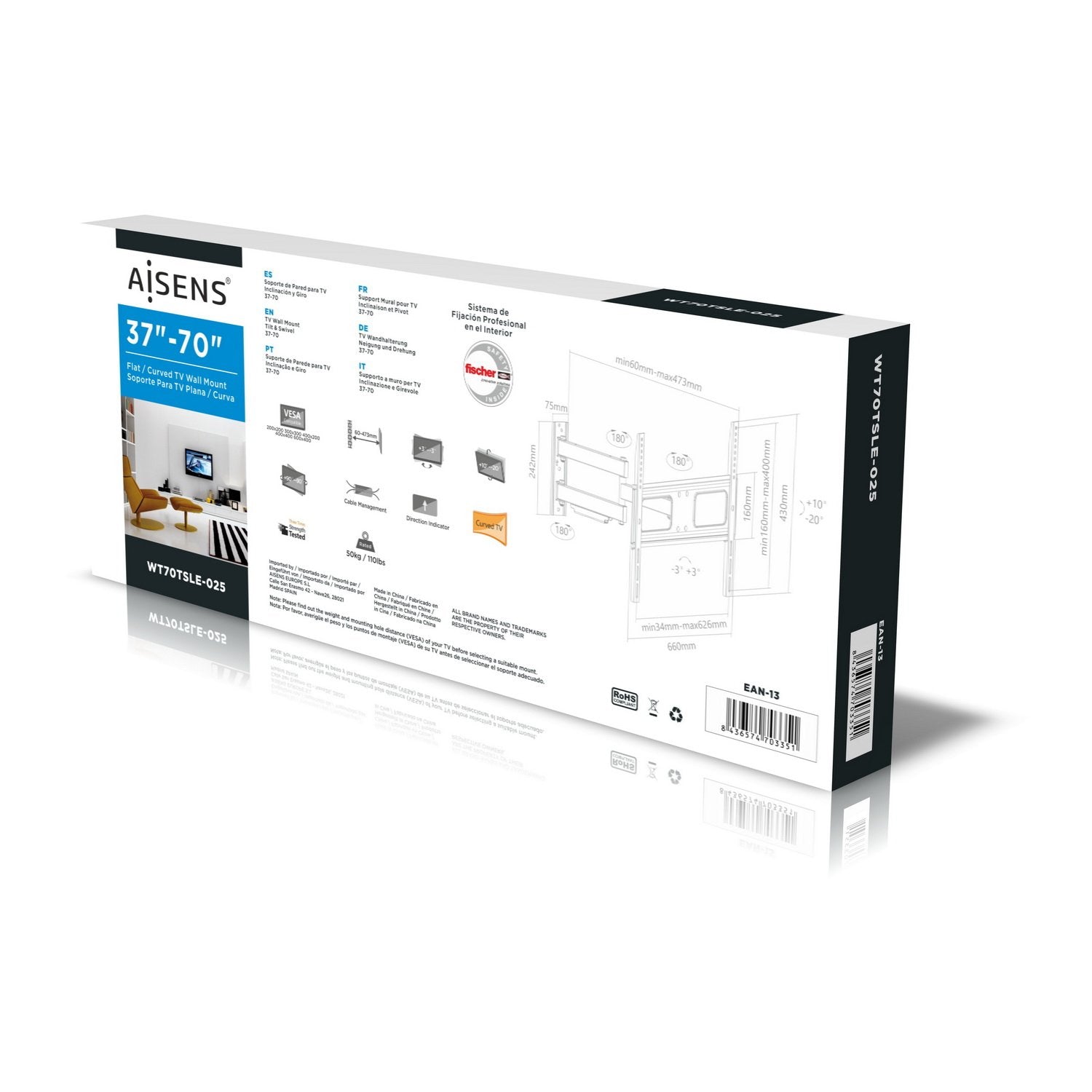 Aisens Soporte De Pared Para Pantallas 37-70'/94-177cm Hasta 50kg Giratorio / Inclinable / Nivelable Vesa Max. 600*400