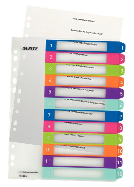 Leitz Wow Indice De Plastico Imprimible Multicolor 12 Pestañas - Multitaladro - Formato A4 - Color Translucido