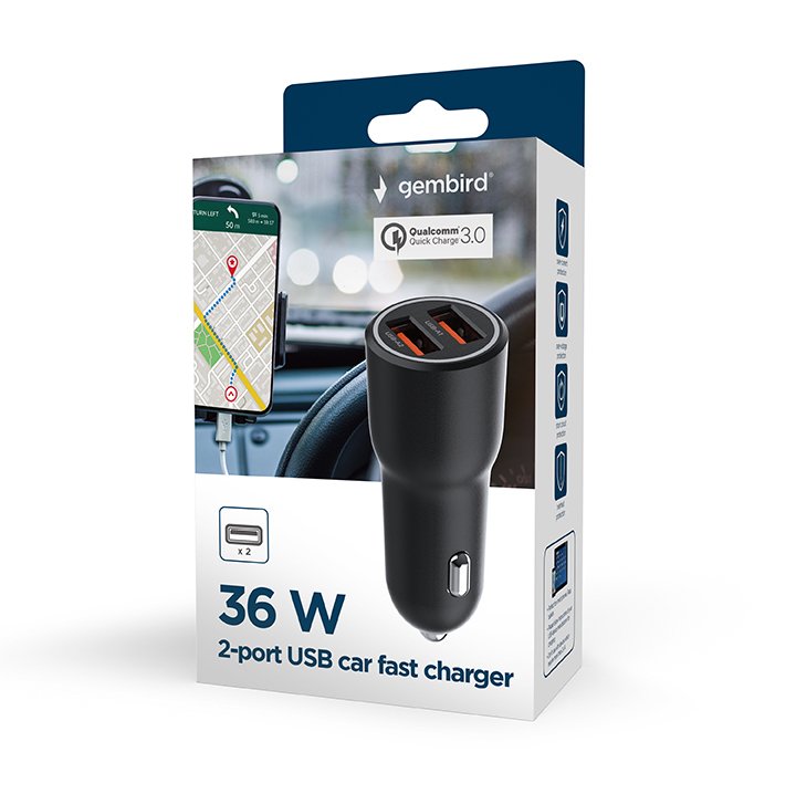 Cargador Rapido Para Coche Gembird Con 2 Puertos Usb, Qc3.0, 36 W, Negro
