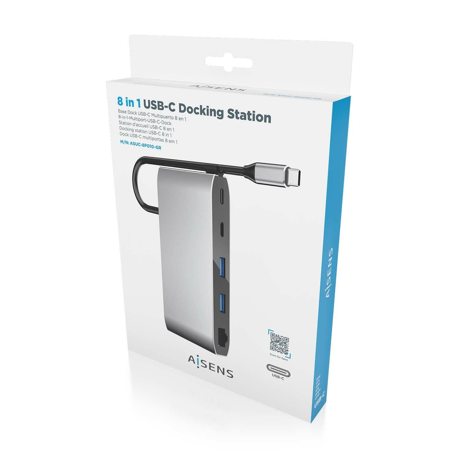 Aisens Usb-C Dock 8 En 1 - Usb-C A 1xhdmi - 1xvga - 1xrj45 - 2xusb-A - 2xusb-C 5g - 1xusb-C Pd - 20cm - Gris