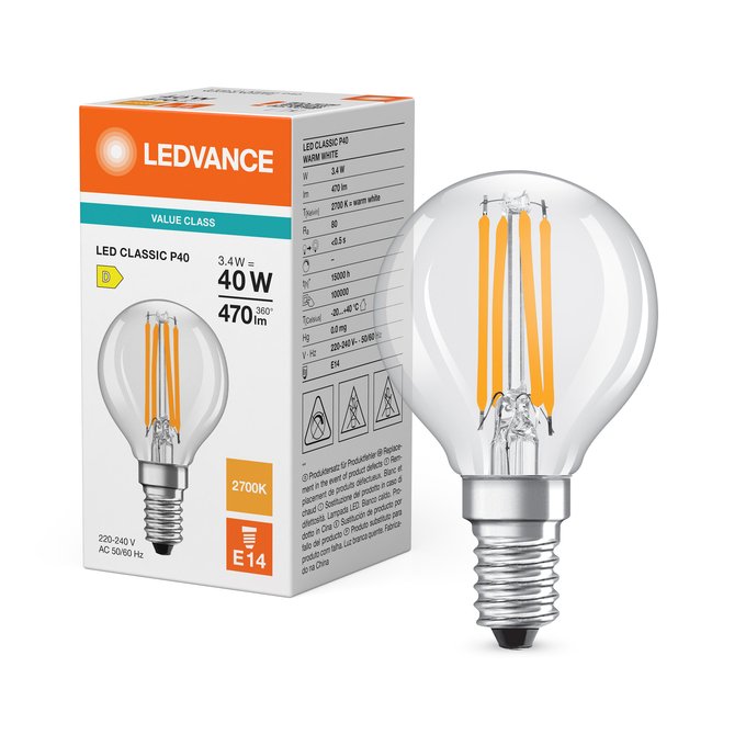 Osram Led Classic P 40 Filament P 3.4w 827 Clear E14 Led-Lampen, Klassische Miniba