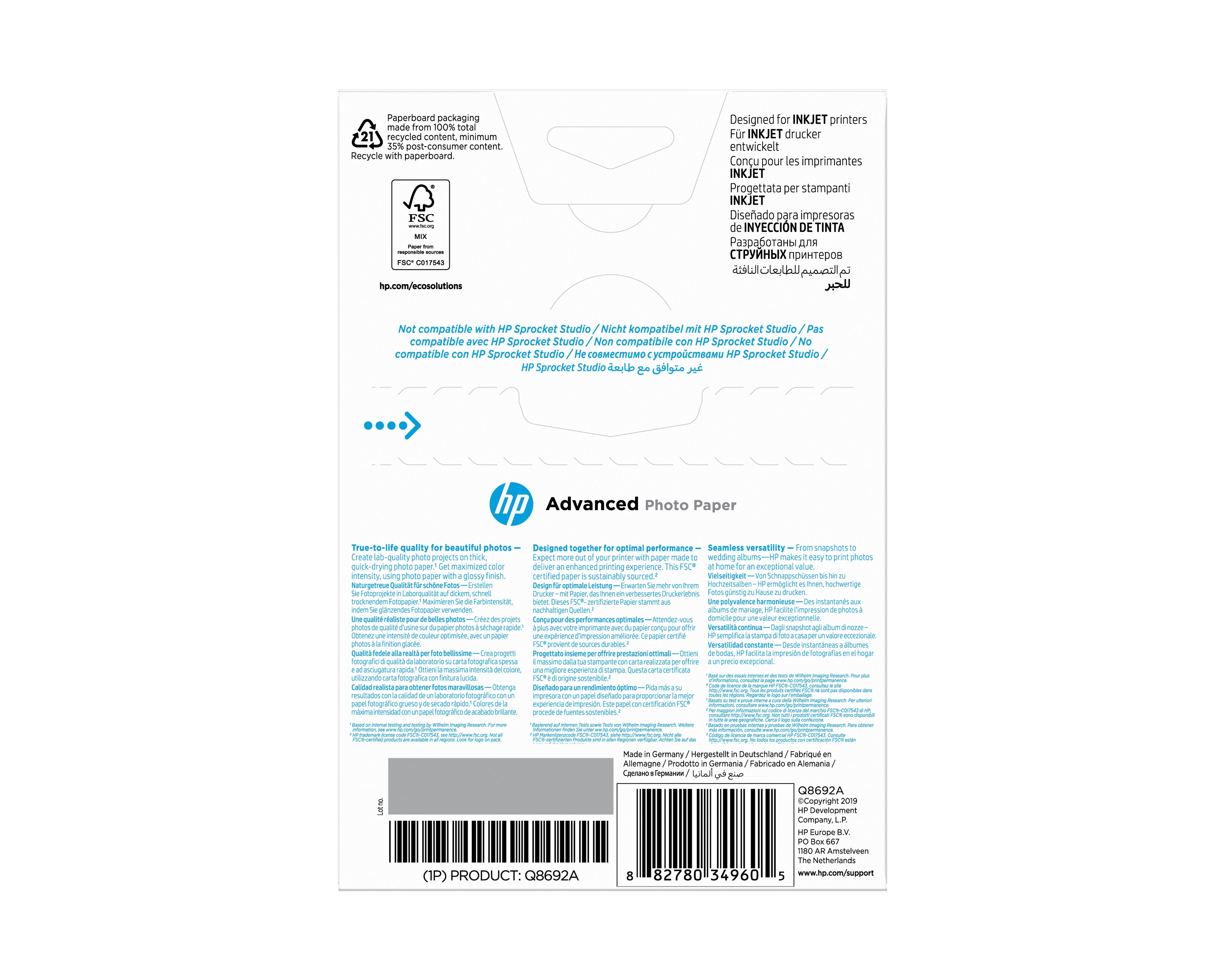 EAN 0882780349605 - HP Advanced Glossy Photo Paper-100 sht/10 x 15 cm borderless Negro, Azul, Blanco imagen 2