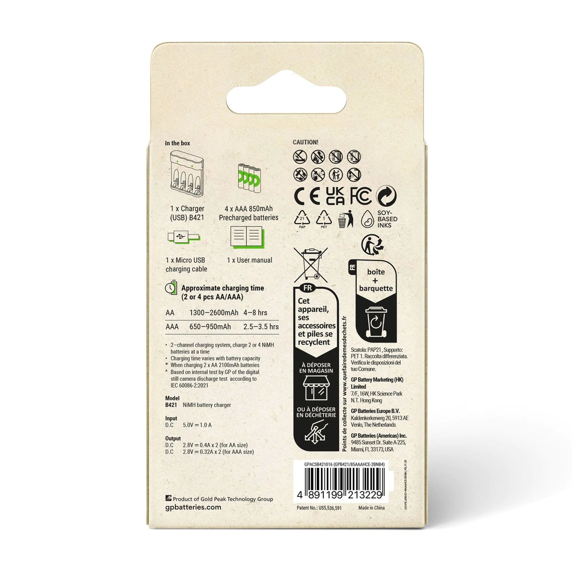 Cargador Gp Recyko B441 Modelo Usb De 4 Puertos Incl.4xaaa Nimh 850mah