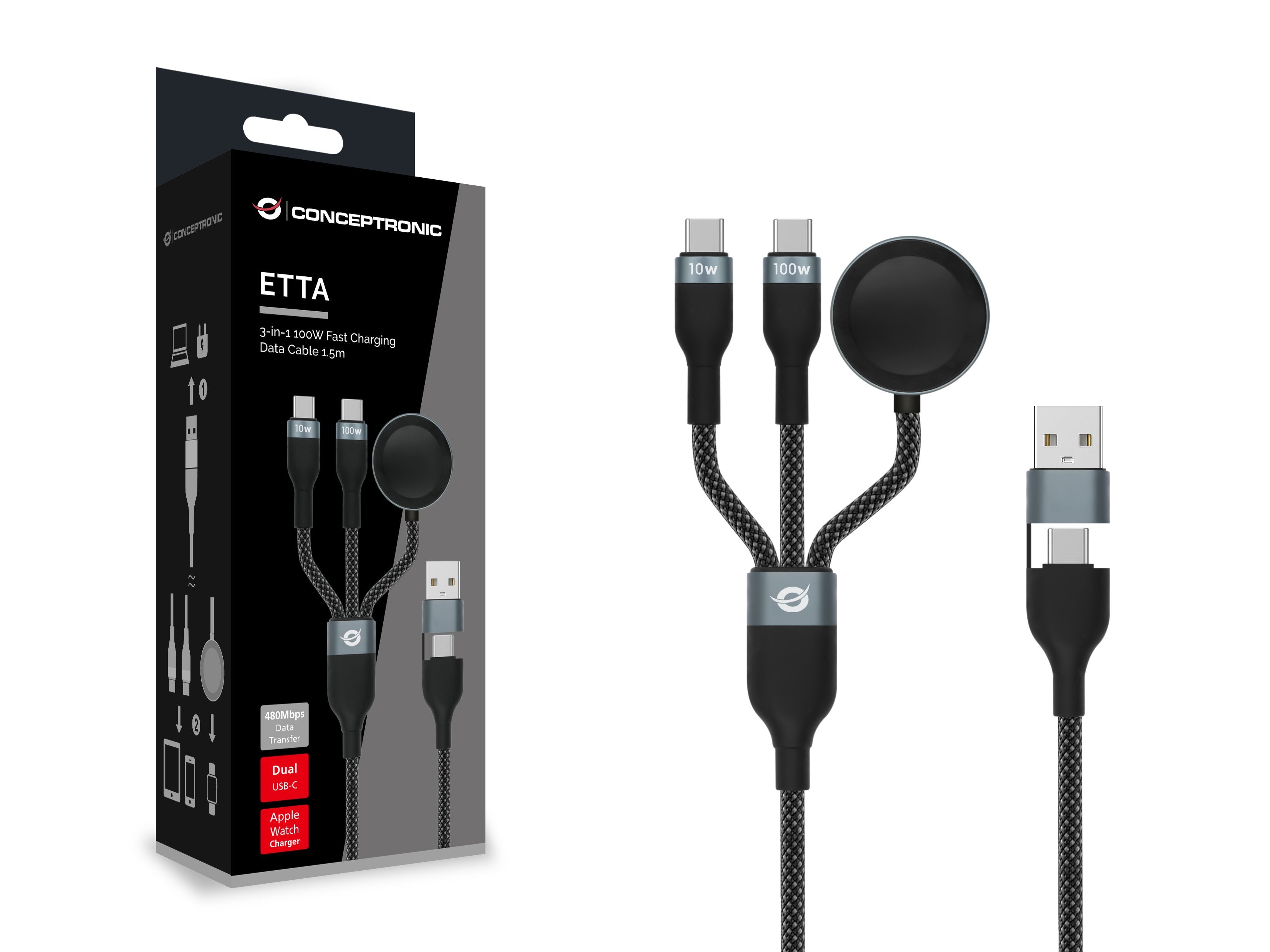 Cable Conceptronic Usb-C -A2.0->Usb-C Awc Pd 480mbs 1.50m Sw