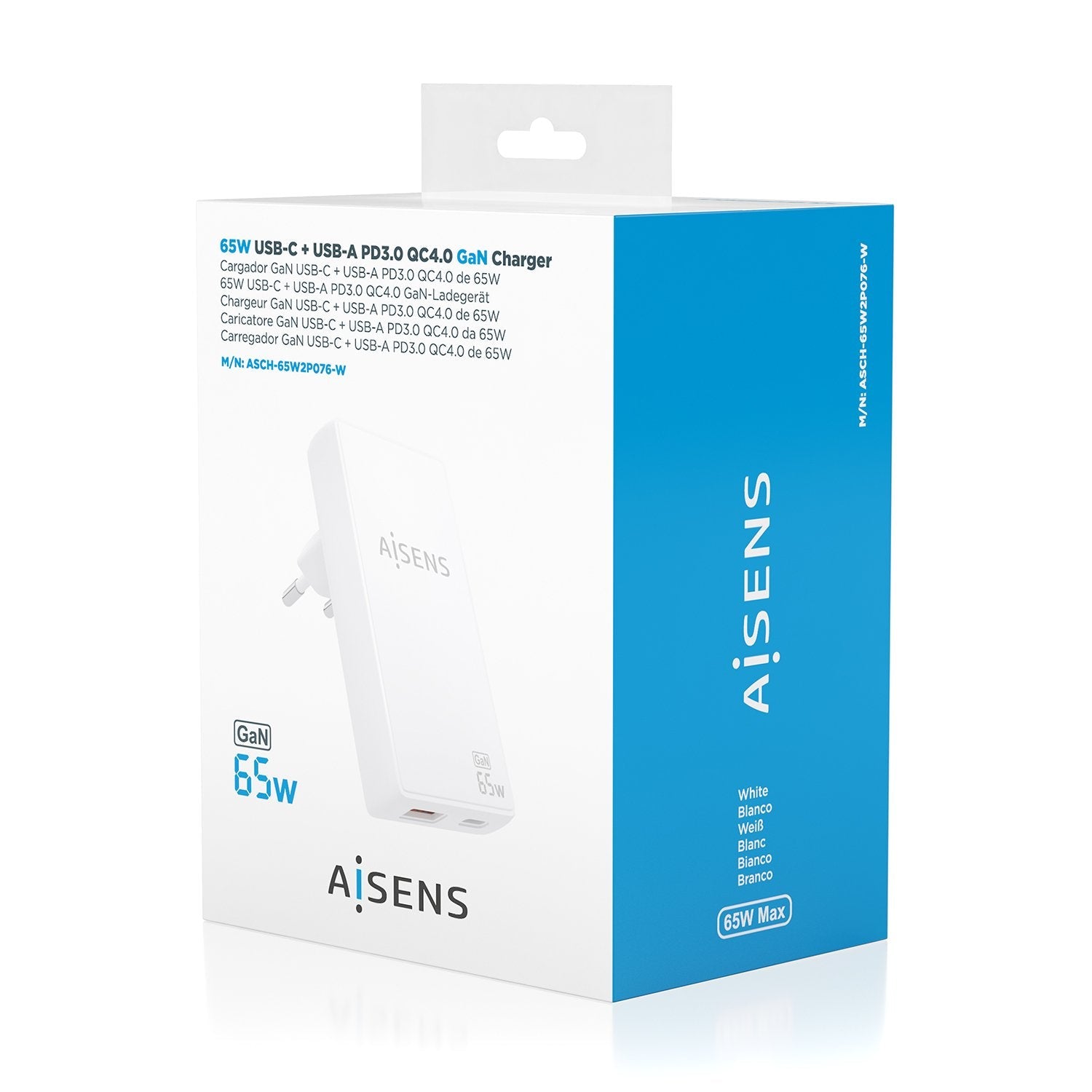 Aisens Cargador De Pared Gan Ultra Delgado 65w, 1xusb-C Pd3.0 Qc4.0, 1xusb-A Qc3.0, Blanco