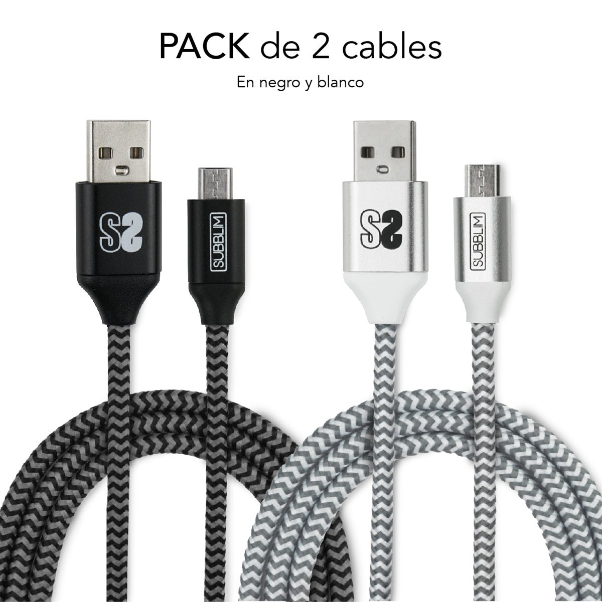 Cable Usb 2.0 Subblim Sub-Cab-1mu001 Pack 2/ Microusb Macho Usb Macho/ 1m/ Negro/Plata