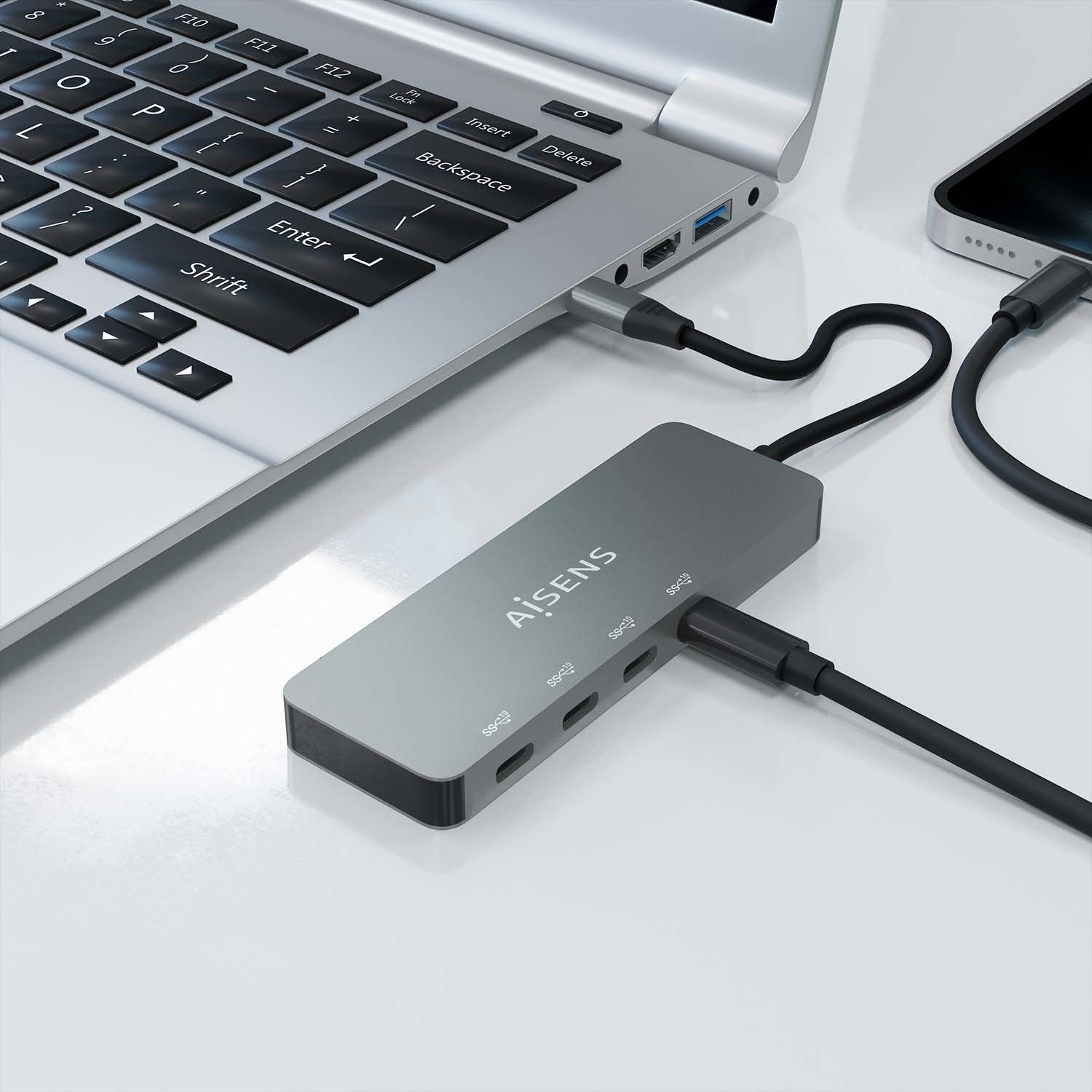 Aisens Hub Usb 3.2 Gen2 10g Usb-C, Usb-C/M-4xusb-C/H, Gris, 15cm