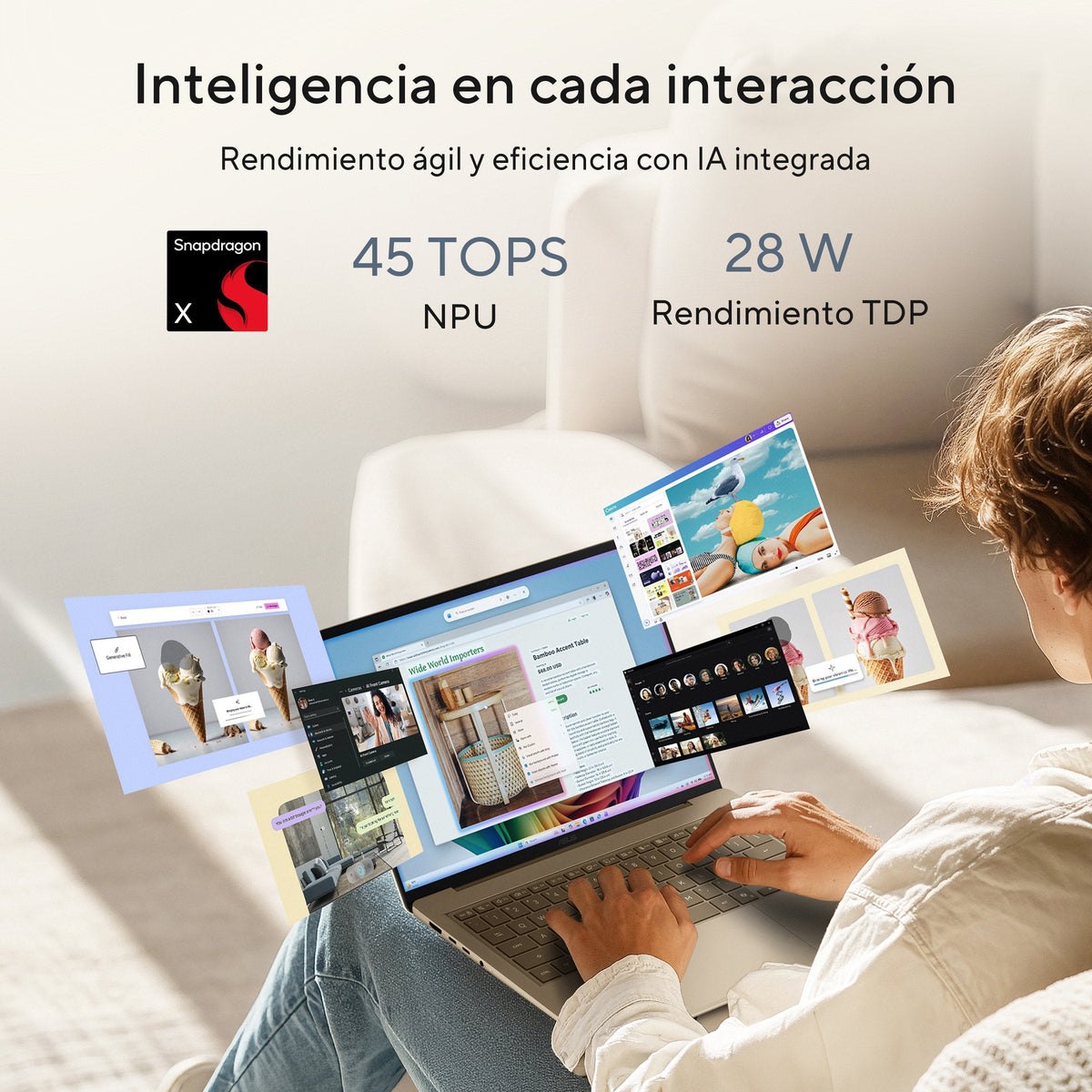 Portátil Asus Zenbook 14 Oled Ux3480qa U1155w Copilot+ Pc 14" Wuxga Snapdragon X1 26 100 45 Tops 16gb Ram 256gb Ssd W11h Sin Cargador