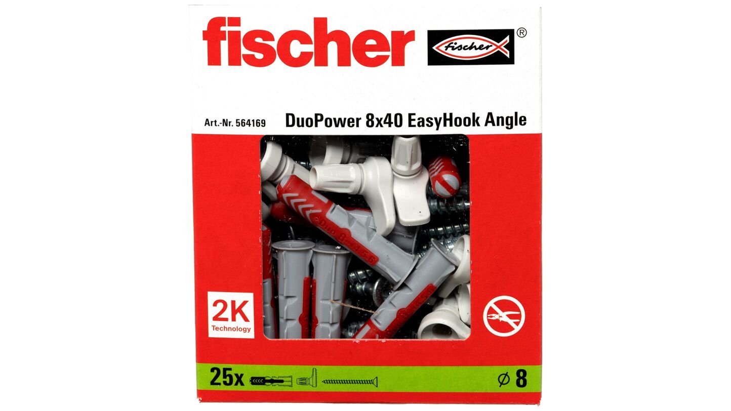 Tacos Fischer Easyhook Angle Duopower 8x40 Blancos, 25 Piezas, Con Gancho Angular Easyhook
