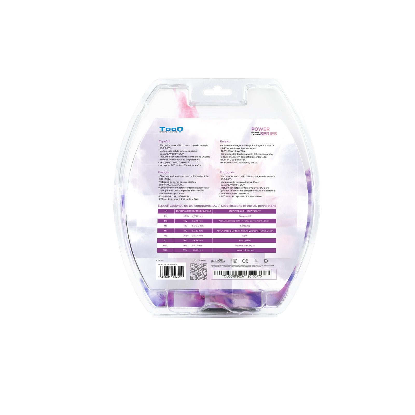 Tooq Cargador Universal Automatico Para Portatil 65w - Usb - 8 Adaptadores - Voltaje 18.5-20v