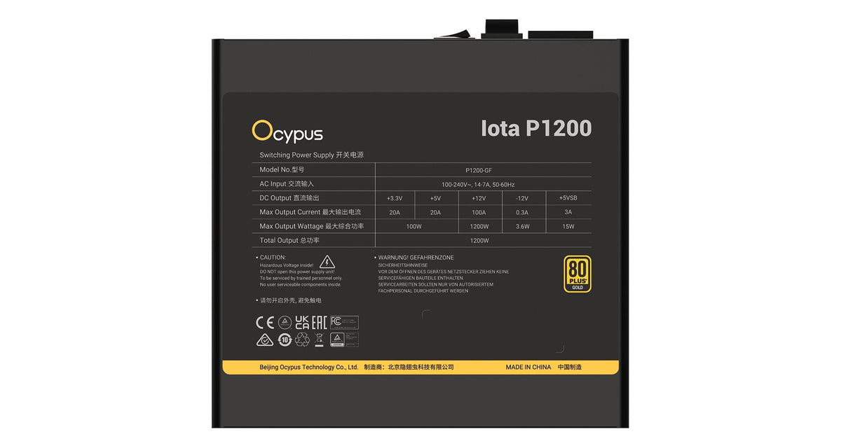 Fuente De Alimentación Para Pc Ocypus Iota P1200 Negra (Negro, 1x Gpu De Alta Potencia De 12 Pines, 3x Pcie, Gestión De Cables, 1200 Vatios) Iota-P1200-G1ffb