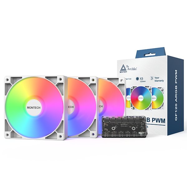 Ventilador 120x120 Montech Gf120 Pwm White Pack 3 + Hub