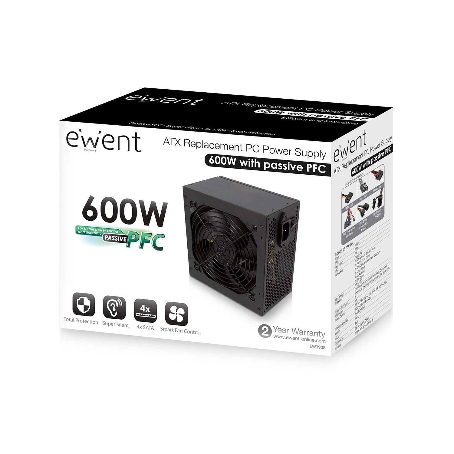 Fuente De Alimentacion Ewent 600w Ew3908 Pfc-Activo 4sata 12cm Atx