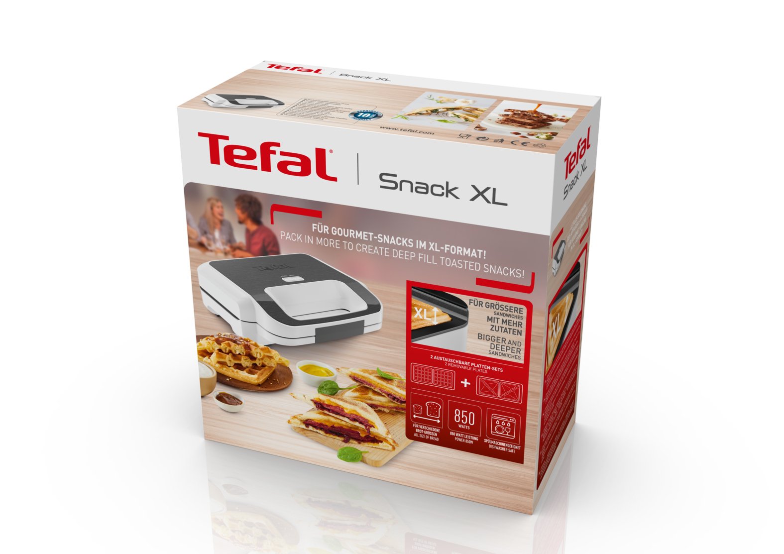 Sandwichera Tefal Snack Xl Sw7011, Blanco/Gris, 850 Vatios, Con 2 Juegos De Platos Sw 7011